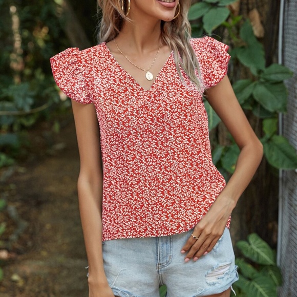 Boho V neck Ruffle Sleeve Floral Print Top Yellow - Picture 13 of 16